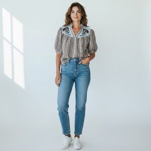 Embroidery Western Prairie Gingham Puff Sleeve Blouse